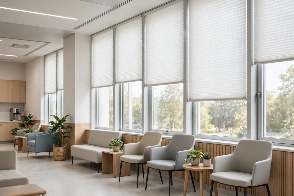 cordless energy efficient cellular shades installed in hospital waiting area
