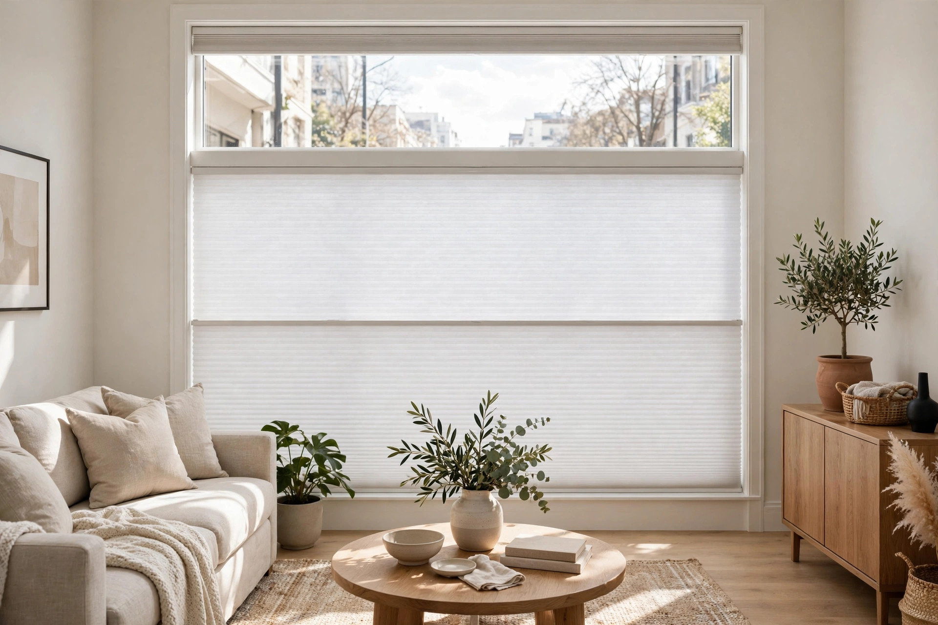 energy efficient cellular shades installed on living room window