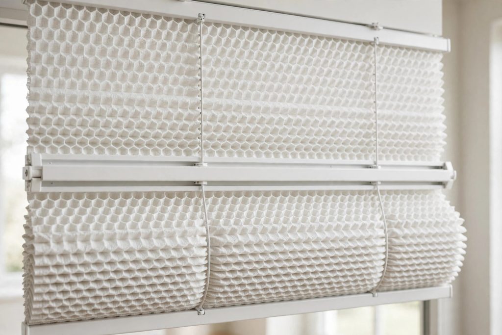 honeycomb cell structure of energy efficient cellular shades trapping insulating air