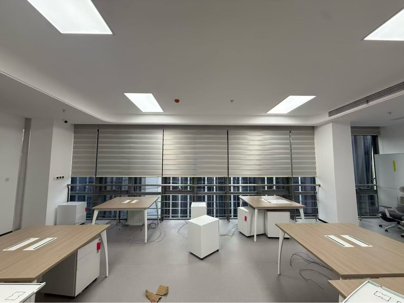 Close view of zebra shades bands in office installation